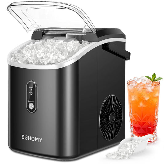 Nugget Ice Maker Countertop with Handle, Ready in 6 Mins, 38Lbs/Day, Removable Top Cover, Self-Cleaning, Portable Chewable Ice Maker with Basket, Scoop, for Home/Rv/Party/Camping (Black)
