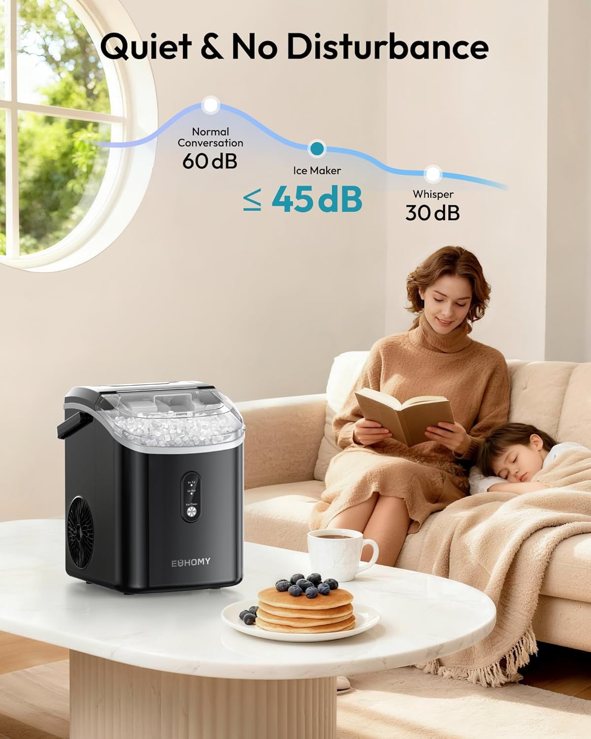 Nugget Ice Maker Countertop with Handle, Ready in 6 Mins, 38Lbs/Day, Removable Top Cover, Self-Cleaning, Portable Chewable Ice Maker with Basket, Scoop, for Home/Rv/Party/Camping (Black)
