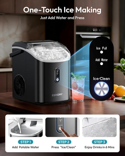 Nugget Ice Maker Countertop with Handle, Ready in 6 Mins, 38Lbs/Day, Removable Top Cover, Self-Cleaning, Portable Chewable Ice Maker with Basket, Scoop, for Home/Rv/Party/Camping (Black)