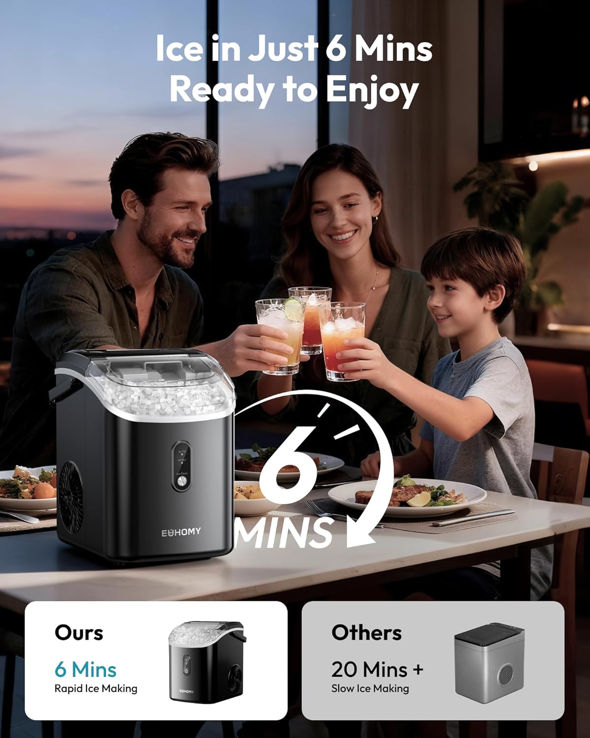Nugget Ice Maker Countertop with Handle, Ready in 6 Mins, 38Lbs/Day, Removable Top Cover, Self-Cleaning, Portable Chewable Ice Maker with Basket, Scoop, for Home/Rv/Party/Camping (Black)
