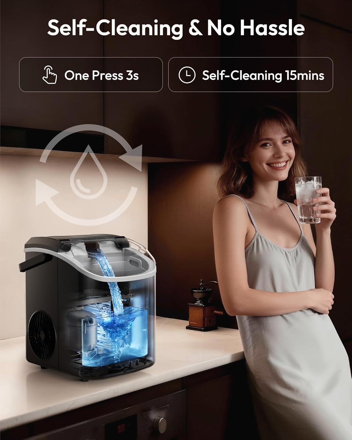 Nugget Ice Maker Countertop with Handle, Ready in 6 Mins, 38Lbs/Day, Removable Top Cover, Self-Cleaning, Portable Chewable Ice Maker with Basket, Scoop, for Home/Rv/Party/Camping (Black)
