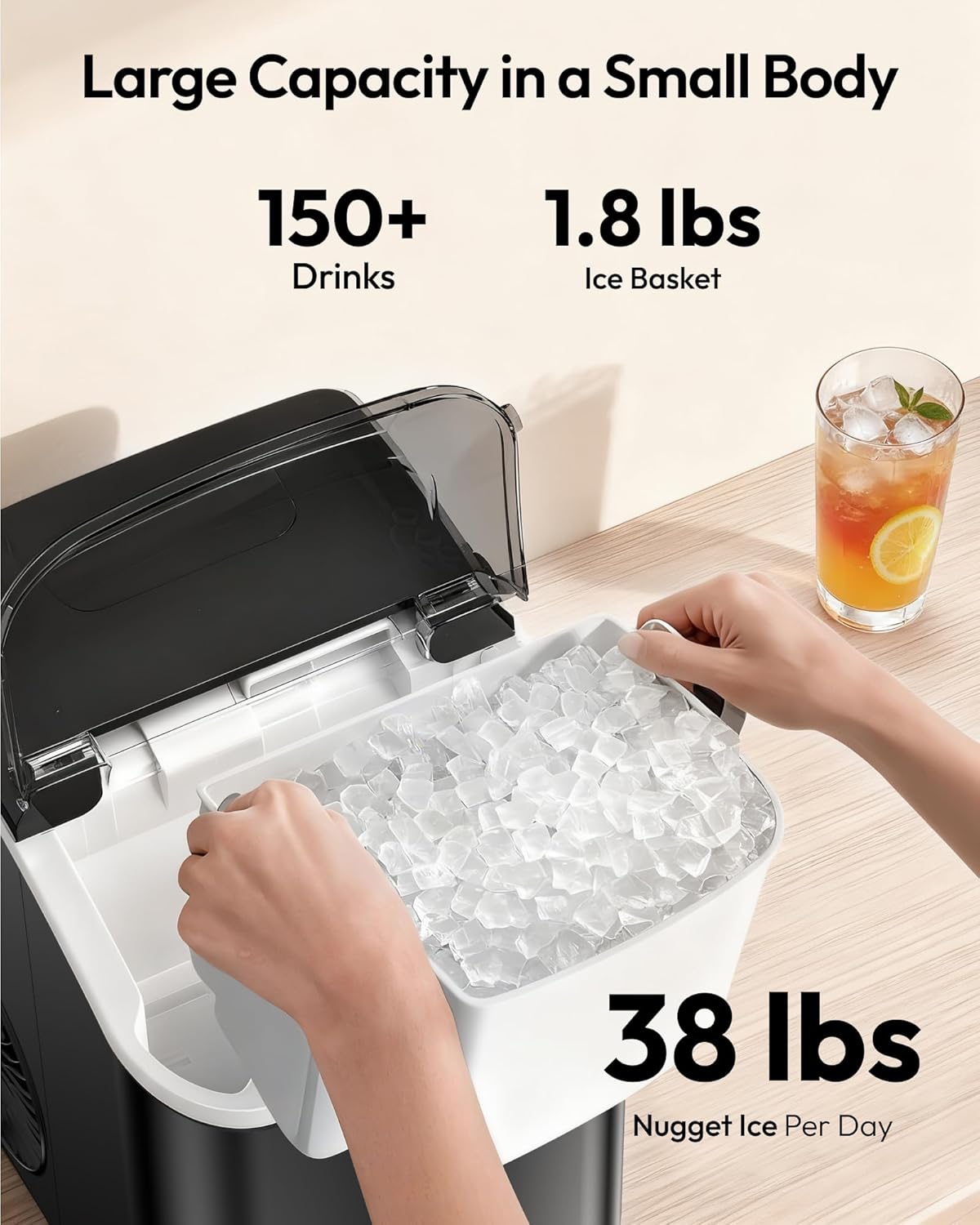 Nugget Ice Maker Countertop with Handle, Ready in 6 Mins, 38Lbs/Day, Removable Top Cover, Self-Cleaning, Portable Chewable Ice Maker with Basket, Scoop, for Home/Rv/Party/Camping (Black)
