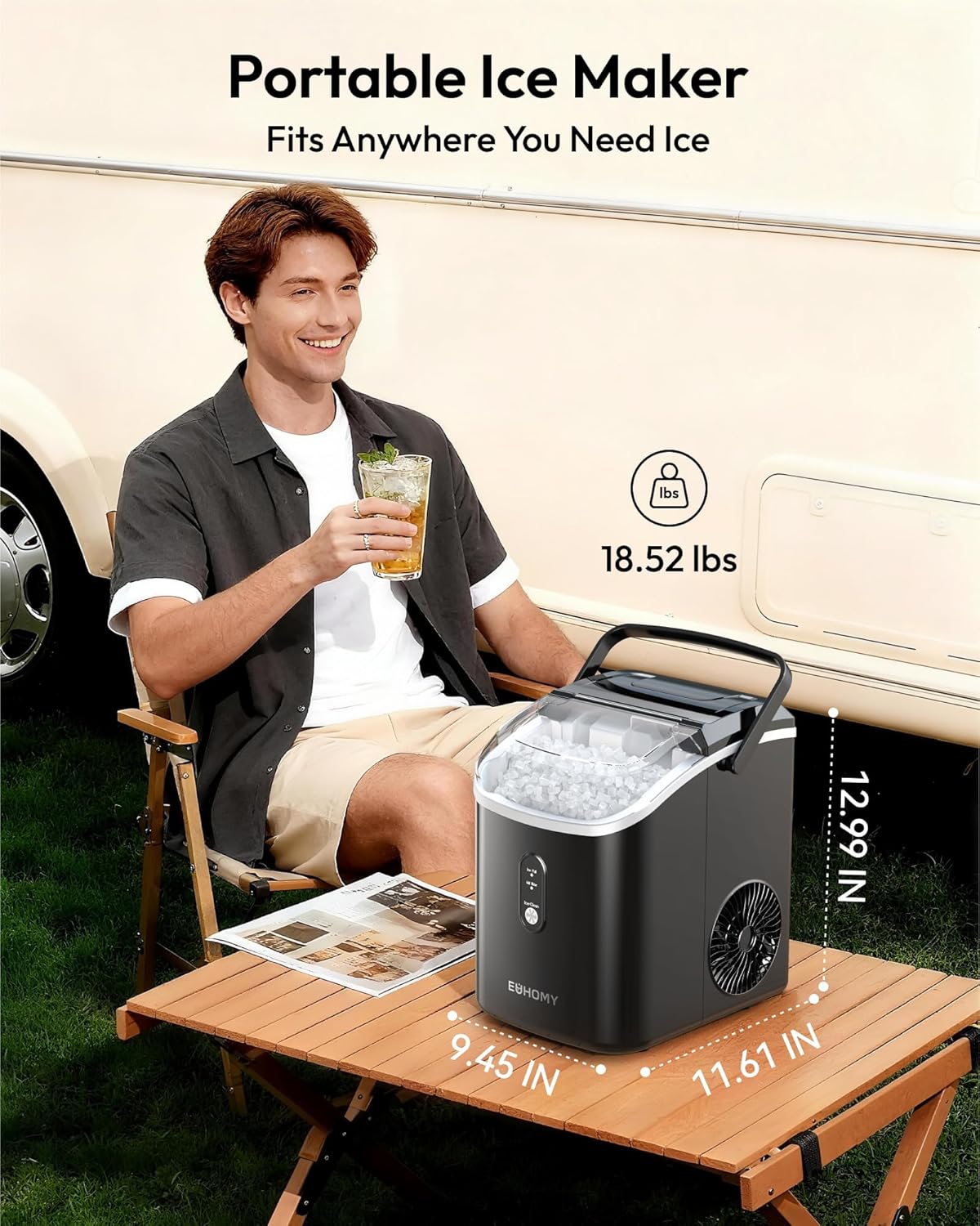 Nugget Ice Maker Countertop with Handle, Ready in 6 Mins, 38Lbs/Day, Removable Top Cover, Self-Cleaning, Portable Chewable Ice Maker with Basket, Scoop, for Home/Rv/Party/Camping (Black)